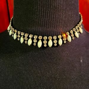 Vintage rhinestone necklace with white plastic beads